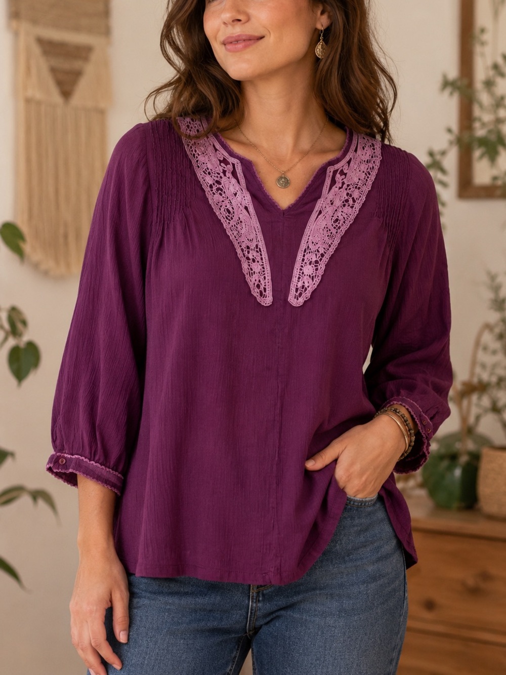Orvis Boho Gauze Peasant Top Purple Lace Trim Cotton Blouse Size XL